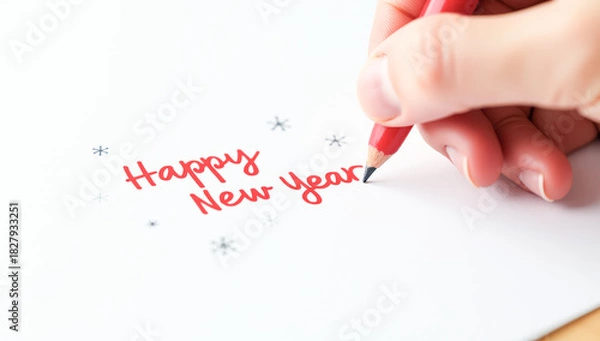 Fototapeta A red pencil writes happy New year on paper