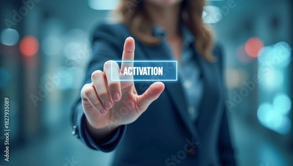 Obraz hand presses the virtual activation button, close-up