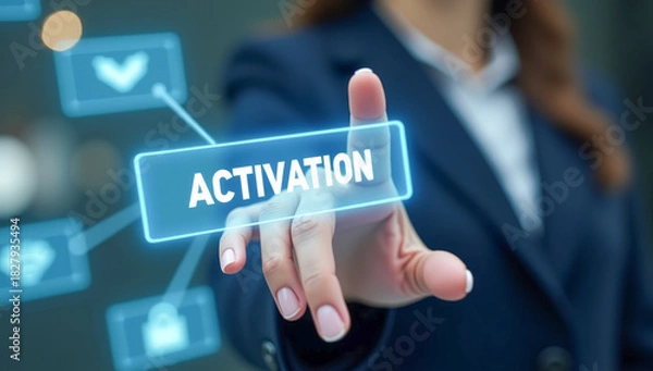 Obraz hand presses the virtual activation button, close-up