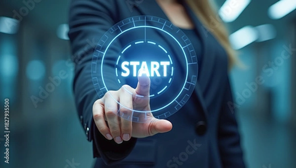 Fototapeta hand presses the virtual start button, close-up