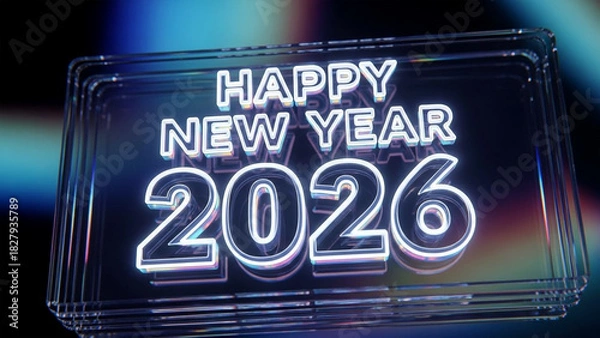 Obraz Happy New Year 2026 3D Glass Text with Iridescent Reflection and Abstract Cool Tone Background