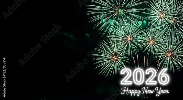 Fototapeta Image of green fireworks display against a dark sky, with a "2026 Happy New Year" message, representing celebration, future, and festive occasion