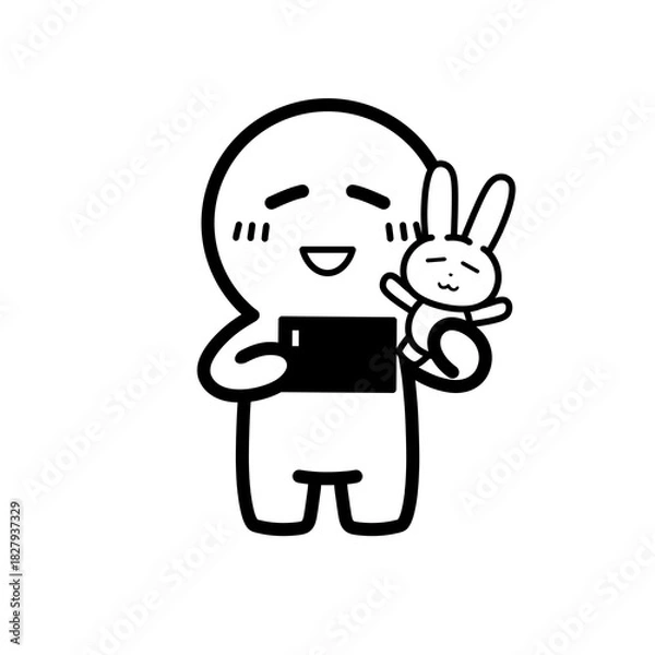 Obraz ぬいぐるみと一緒に写真を撮る人物　イラスト