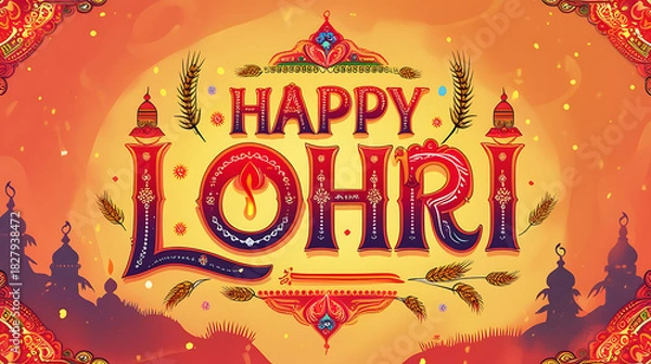 Fototapeta 3d Festive happy Lohri illustration with wheat stalks and decorative elements design 4k  video