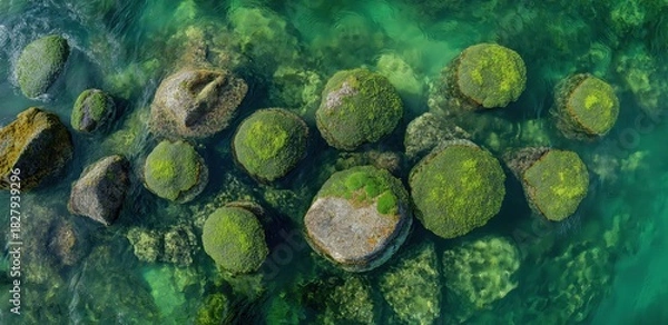 Obraz Underwater Mossy Rocks: Captured from above, a vibrant cluster of moss-covered rocks rests in the crystal-clear water, creating a stunning visual display of natural textures and aquatic life.