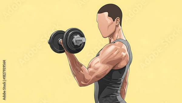 Fototapeta Bicep Curl Arm Strength Exercise Art with Yellow Background