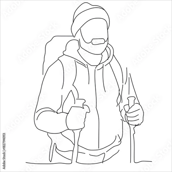 Obraz mountain climber with stick, line art