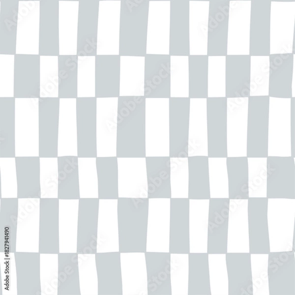 Obraz Abstract checkered groovy seamless pattern. Grey and white retro wavy vertical rectangle texture, hand drawn striped plaid print. Distorted checkerboard background.