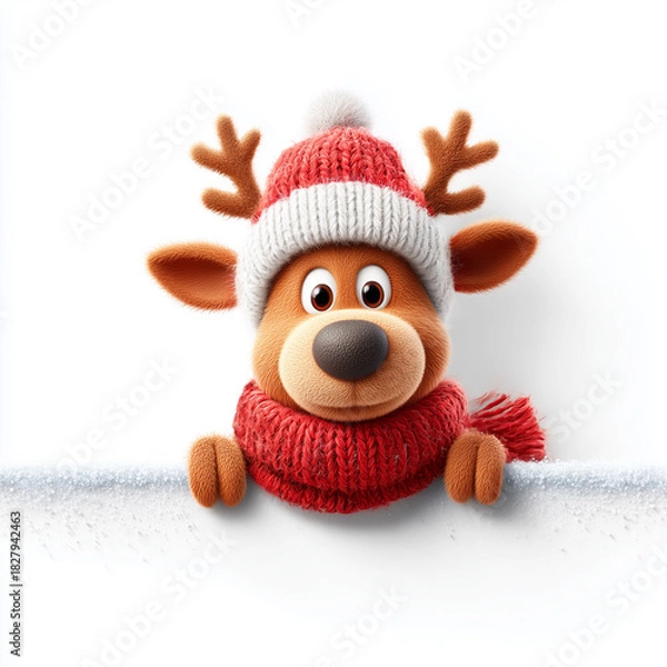 Fototapeta Happy reindeer peeks out from behind wall. Cartoon Christmas character, wearing knitted hat and scarf, is partially visible from above white wall, isolated on white background