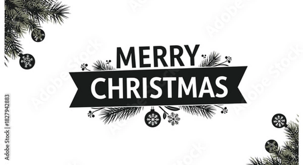 Fototapeta A festive christmas greeting with snowflakes and pine branches on white