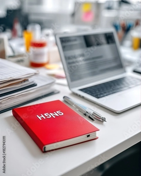 Obraz Bright Red Notebook on Desk with Laptop, Pens, and Colorful Office Supplies in Background