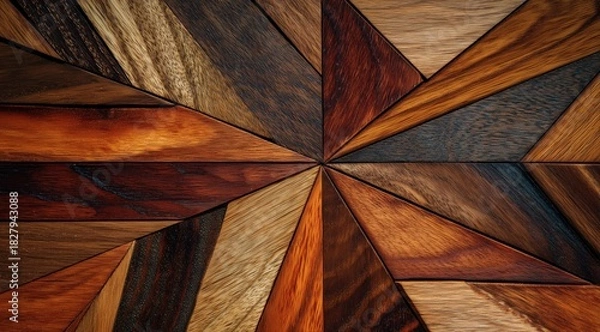 Obraz Geometric Wood Pattern: A striking close-up of an intricate, geometric pattern crafted from various wood types, showcasing the beauty of natural textures and design.