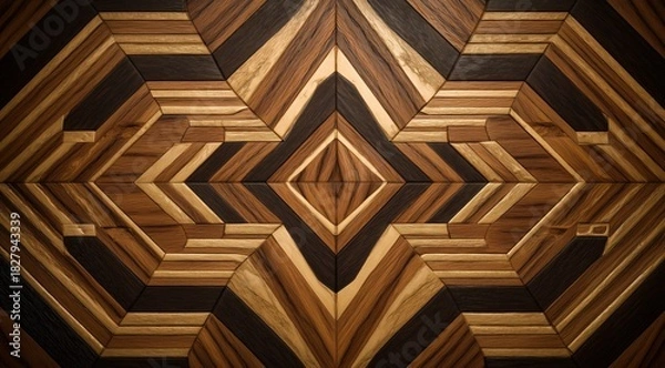 Obraz Geometric Harmony of Wood: A close-up view reveals an exquisite wooden mosaic. Intricate patterns, featuring a symphony of tones, showcase the natural beauty and masterful craftsmanship.