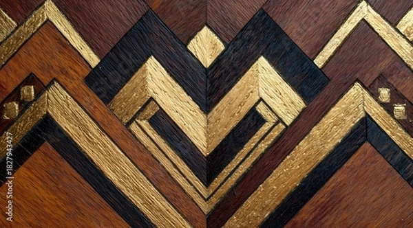 Obraz Geometric Wood Pattern: Intricate and ornate geometric design, featuring a symphony of rich wood grains and elegant golden accents, creating a visual display of luxury and sophistication.