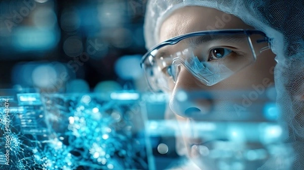 Obraz Focused Scientist Analyzing Data in a High-Tech Laboratory Environment with Advanced Displays
