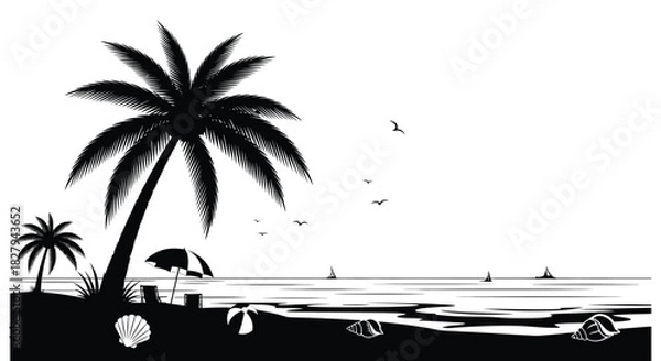 Fototapeta A tropical beach scene with a palm tree ocean and distant sailboats