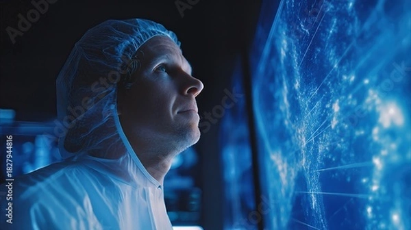 Obraz Professional in Protective Gear Analyzing Digital Data on a Large Screen in a High-Tech Environment