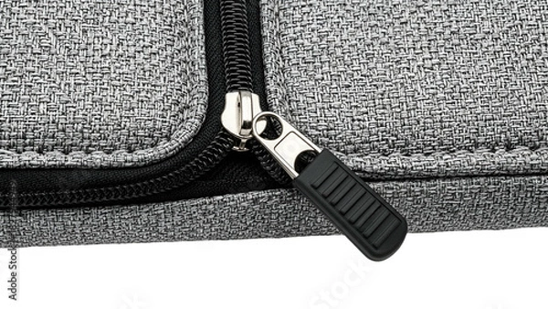 Fototapeta Close-up of a gray fabric bag with a black zipper pull, partially unzipped