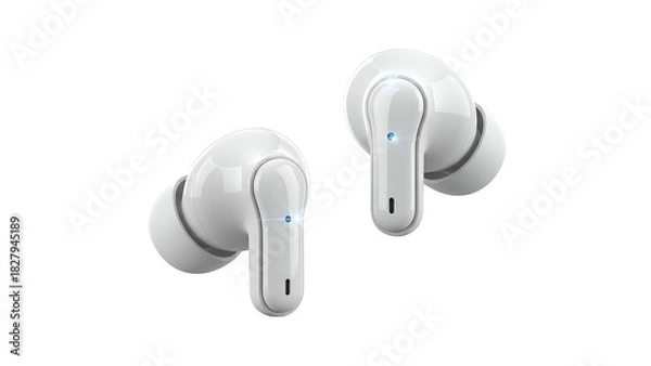 Fototapeta Two white wireless earbuds with elongated stems, floating in front of a black backdrop