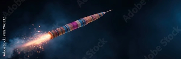 Obraz Ascending Rocket Amidst the Cosmos: A vibrant, multi-colored rocket streaks upwards against a deep, dark backdrop, igniting with powerful flames and trails of smoke.