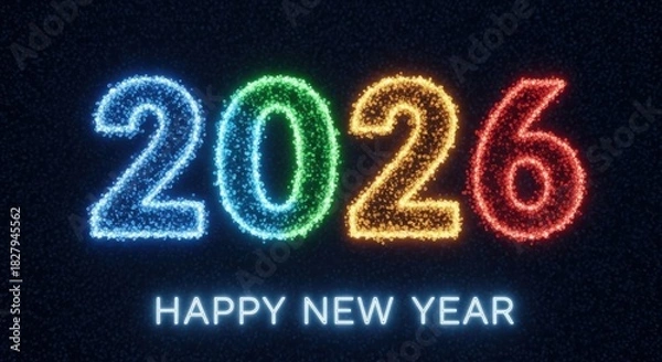 Fototapeta Happy new year spelled out with wooden letter tiles surrounded by gold glitter isolated on white background