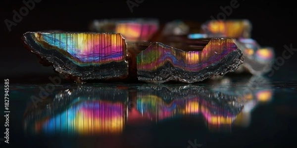Obraz Rainbow Mineral's Spectrum: A detailed macro shot unveils a mesmerizing array of colors within a rare mineral sample, highlighting its unique internal structure and iridescent hues.