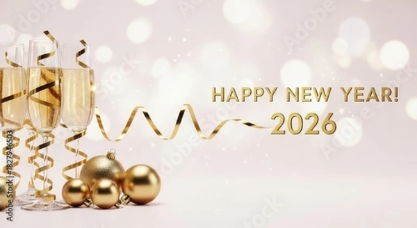 Fototapeta Golden happy new year text with fireworks on dark blue background to celebrate the new year