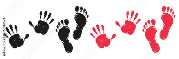 Obraz Handprint and footprint silhouettes in black and red.