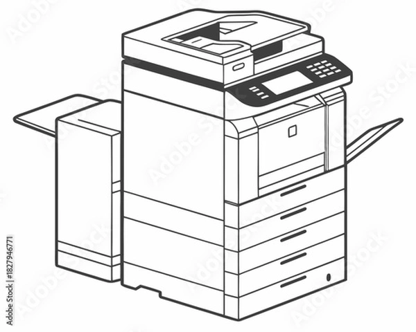 Fototapeta Modern office equipment for paper document copying needs, showcasing a printer with multiple drawers for commercial use, originally created as scalable vector art