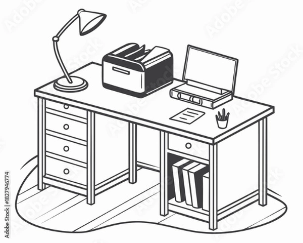 Obraz Organized workspace illustration with laptop, lamp, and printer for productive office vibes, perfect for business presentations and professional designs