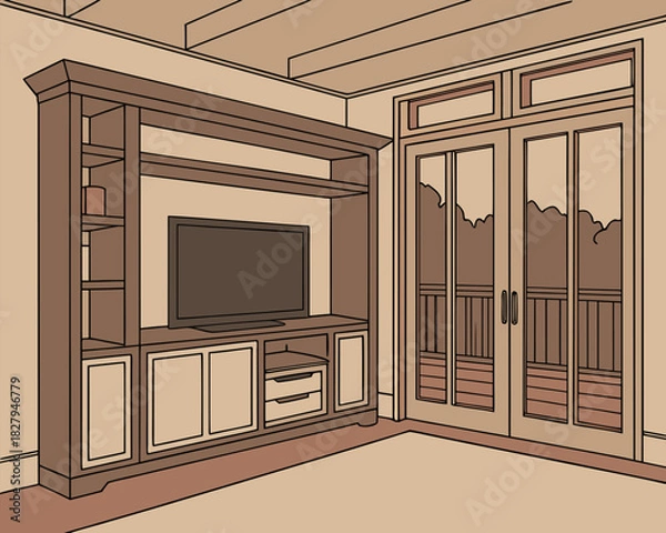 Obraz Elegant living room interior design with custom built-in shelving and entertainment unit, bringing upscale style and organization to your home decor projects