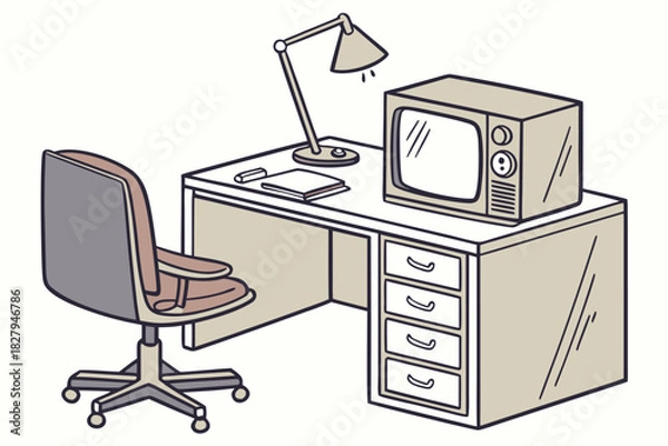 Fototapeta Retro workspace scene illustration with desk, chair, lamp, and television evokes nostalgia and vintage design elements for creative projects and presentations