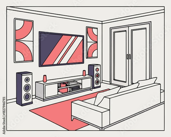 Obraz Stylish living room interior design showcasing modern furniture and decor, creating a comfortable and inviting space for relaxation and entertainment