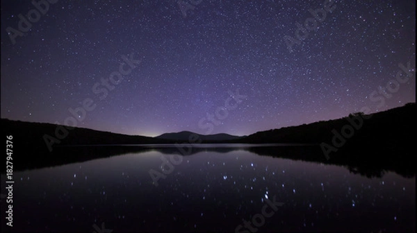 Fototapeta Stars Reflecting on a Calm Lake at Night in Silhouette