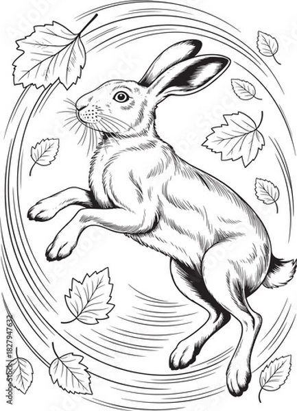 Fototapeta Artistic black and white drawing of a leaping hare