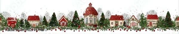 Obraz Festive Village Garland: A charming village adorned with cheerful red-roofed houses nestled among lush evergreen trees, creating a heartwarming scene perfect for the holiday season.