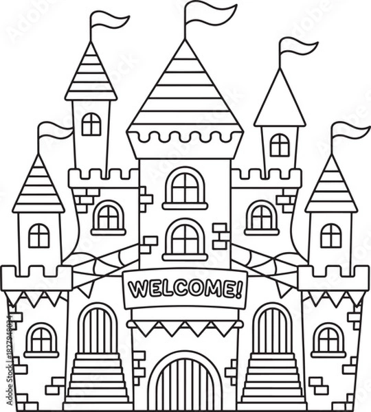 Fototapeta castle with welcome banner and flags whimsical