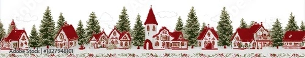 Obraz Festive Village: A quaint village nestled amidst snow-kissed trees and buildings, evokes a sense of festive charm. Its red-roofed buildings create a cheerful panorama.