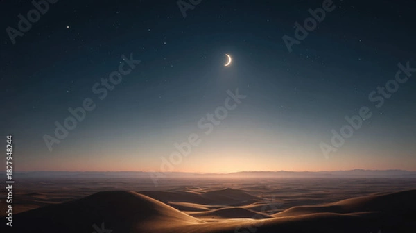 Fototapeta A serene desert landscape under a crescent moon at twilight