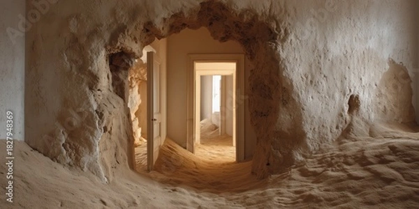 Obraz Abandoned Interior: A surreal indoor scene, evoking a sense of time and decay, with a sand-filled interior featuring arched doorways and natural light.