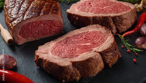 Fototapeta Raw cooked meat steak sliced and salt added served on the black table
16