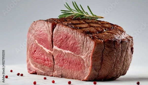 Fototapeta Raw cooked meat steak sliced and salt added served on the black table
11