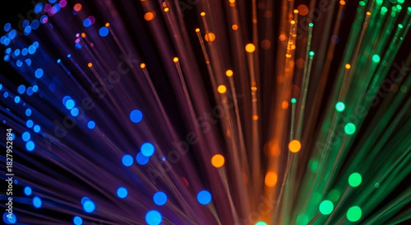 Fototapeta Fiber Optic Cables Illuminated with Blue, Yellow, and Red Lights