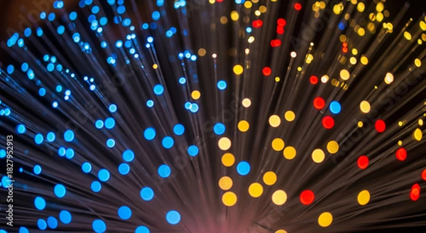 Fototapeta Fiber Optic Cables Illuminated with Blue, Yellow, and Red Lights