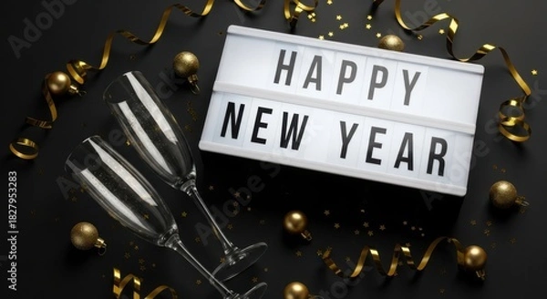 Fototapeta Illuminated lightbox displaying happy new year message with champagne flutes and gold decoration on dark background