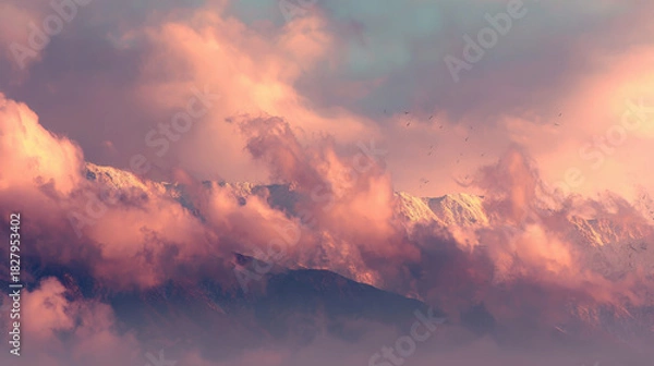 Fototapeta Mountains and layered clouds at sunrise with golden sunlight
