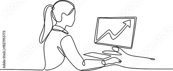 Fototapeta Continuous line drawing of a businesswoman at a computer, analyzing a growth graph on screen, symbolizing progress, data, and future success. Vector, illustration