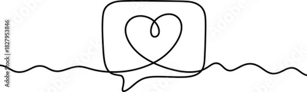 Fototapeta One line drawing of speech bubble with heart icon, a continuous wavy line flowing horizontally, representing love message, social connection, and digital communication concept. Vector, illustration