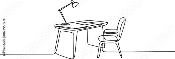 Fototapeta Continuous line drawing of a sleek modern desk, comfortable chair, and task lamp, symbolizing productivity, study, and remote work environment. Vector, illustration