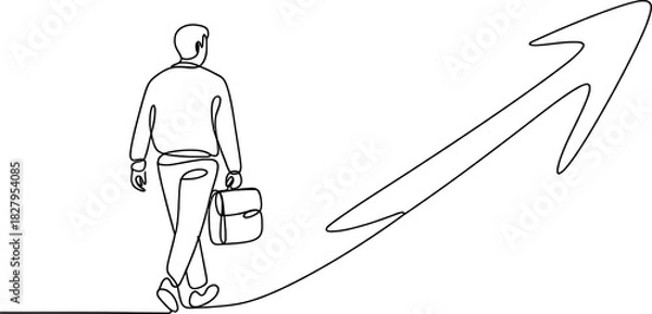 Fototapeta Continuous line art of a businessman with a briefcase walking on a path turning into an upward arrow, symbolizing progress, growth, and ambition. Vector, illustration